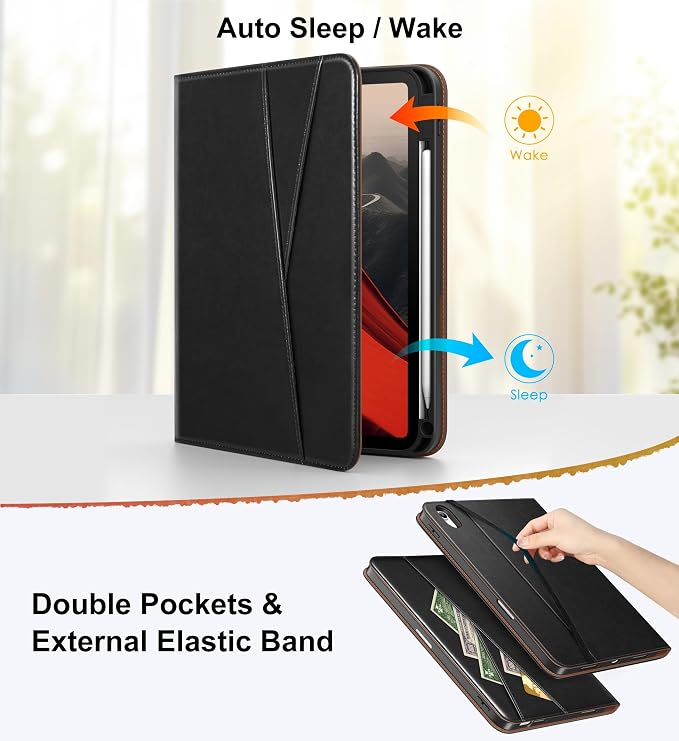 DTTO for iPad Air 11 inch Case M4/M3/M2 (2026/2025/2024) Black | 360 Degree Rotating Premium Faux Leather Folio Stand Cover with Pencil Holder Auto Sleep/Wake Multiple Angles Hand Strap
