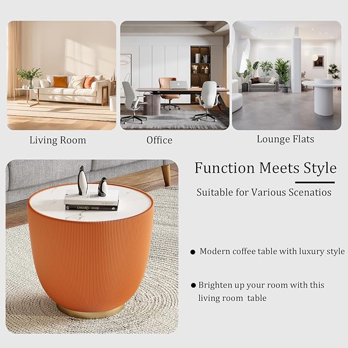 Round Coffee Table Set with Sintered Stone Tabletop, 29.53" Orange Drum Center Table and 19.69" Orange Coffee Table Set, 2 Pieces Living Room Table Set with Fluted PU Leather Cover&Metal Base