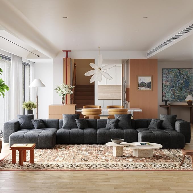 JACH 183.5 Inch U-Shaped Modular Sectional Sofas, Modern 4-Seater Couch with Chaise Ottomans, Mid Century Modern Sectional Couches, Cozy Sleeper Sofa for Living Room (Linen Fabric, Black)