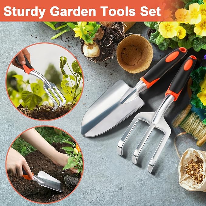 Garden Tool Set, 2 Pack Heavy Duty Gardening Tools Set Include Garden Shovel and Hand Rake Claw Tool with Ergonomic Handle, Small Gardening Hand Tools for Digging Weeding Planting Transplanting