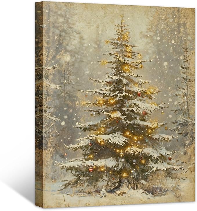Framed Christmas Pictures Wall Decor,Vintage Pine Tree Prints,Winter Christmas Canvas Wall Art Decoration for Bedroom Bathroom Living Room Rustic Xmas Holiday Gifts (Christmas Tree 2, 16'' X 20'')