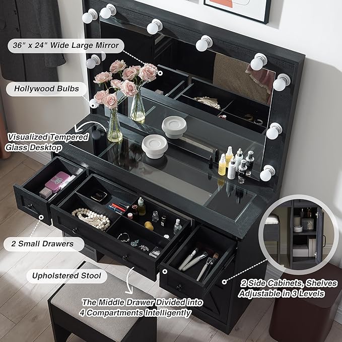 JXQTLINGMU Farmhouse Vanity Desk with Hollywood Makeup Mirror - Ample Storage Space with 3 Drawers & 2 Cabinets - Detachable Light Bulbs, Stool Included, Bedroom, Black