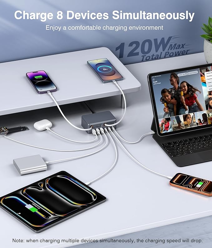 2026 Updated USB-C Fast Charging Station, 120W GaN 8-Port Retractable Charger Adapter, Includes 2.3ft Lightning+Type-C Dual Cable, Wall Charger Block Plug Cube for iPhone 17/16/15,iPad,Pixel, Galaxy