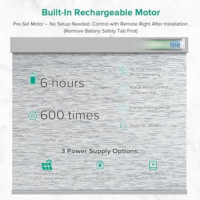 Kilonity Motorized Roller Shades, Light Filtering Remote Control Custom Window Shades Compatible with Alexa Google Assistant via RF Hub, Rechargeable Electric Blinds for Windows (Texture Grey)