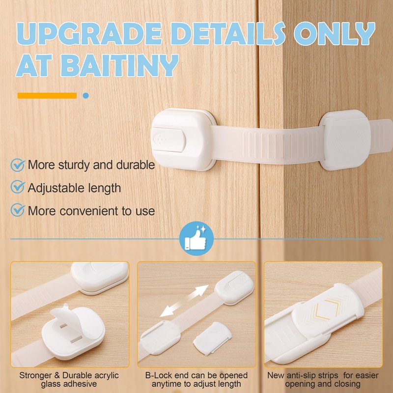 Baby Safety Strap Locks 10 Pack - Cabinet Locks Baby Proofing for Baby Proofing Cabinets & Drawers, Child Proof Cabinet Locks, Fridge Lock & Oven Lock Child Safety, Adjustable No Drill, White