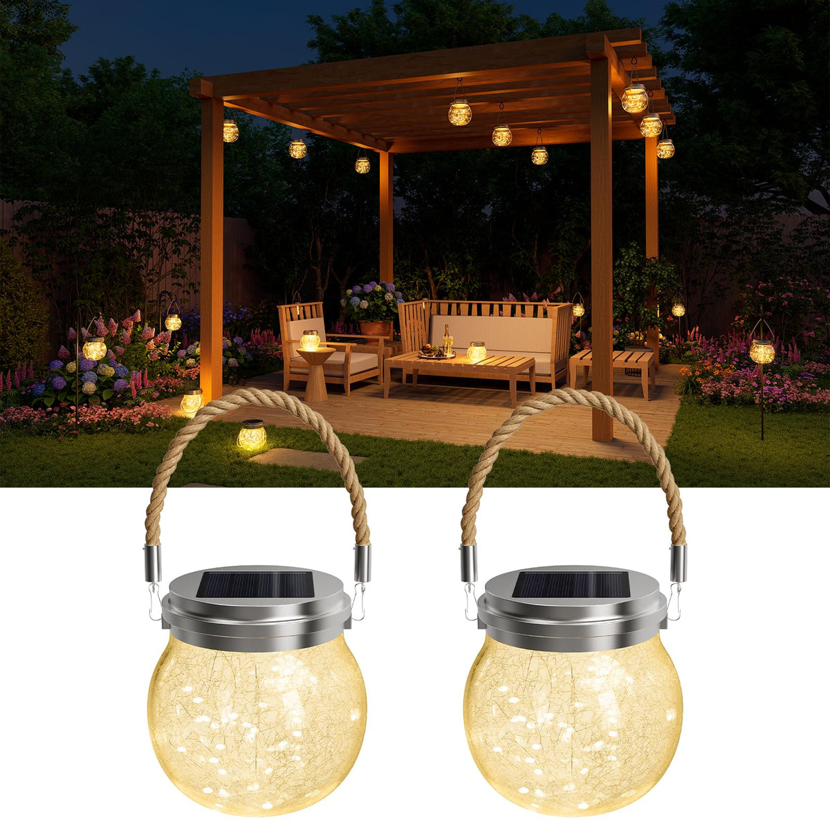 2 Pack Solar Crackled Glass Globe Lights Outdoor Waterproof Hanging Round Balls Lanterns with Warm White LED, Decorative for Outside Trees Garden Patio Yard, Individually Packaged and Double-Sealed