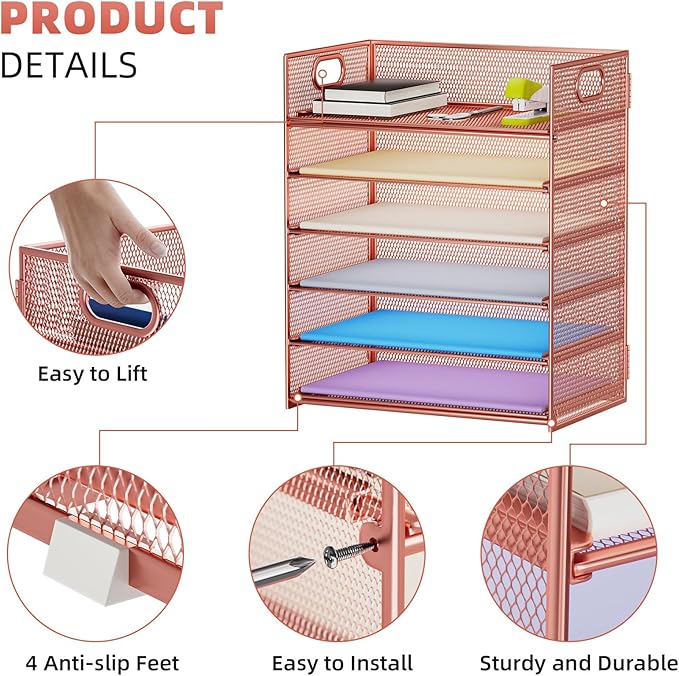 Marbrasse 6 Tier Paper Organizer Letter Tray - Mesh Desk File Organizer with Handle, Paper Sorter Organizer for Letter/A4 Office File Folder Holder - Rose Gold