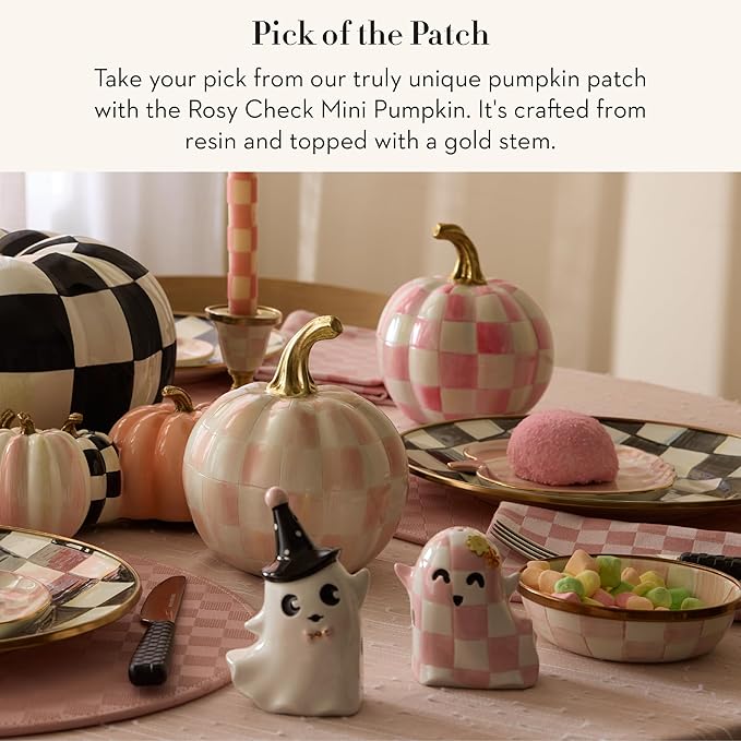 MACKENZIE-CHILDS Pumpkin, Resin Halloween and Fall Decor, Mini, Pink-and-White Rosy Check