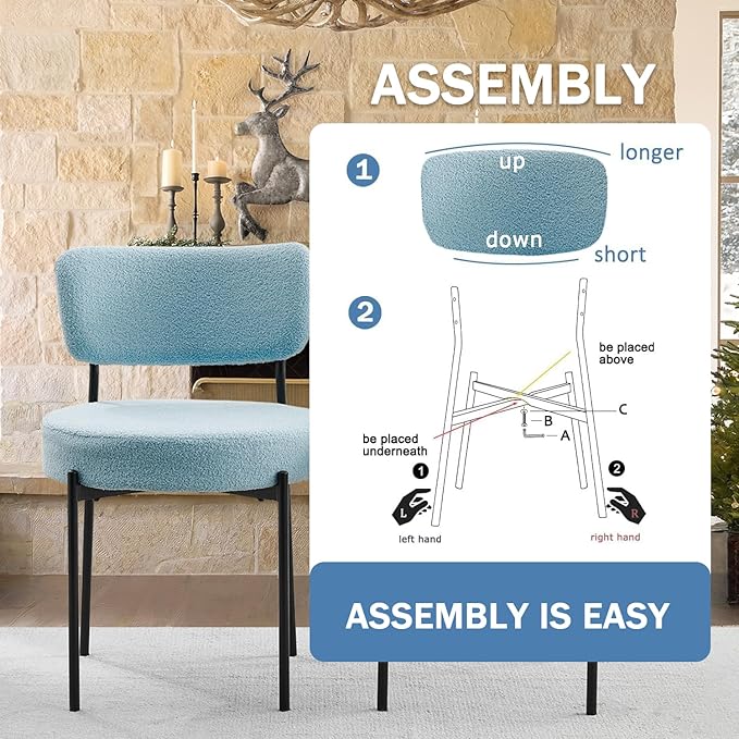 Blue Boucle Dining Chairs Set of 2, Upholstered Dinner Chair with Metal Frame, Dining Room Chairs with Padded Seat, Round Modern Seating for Living Room