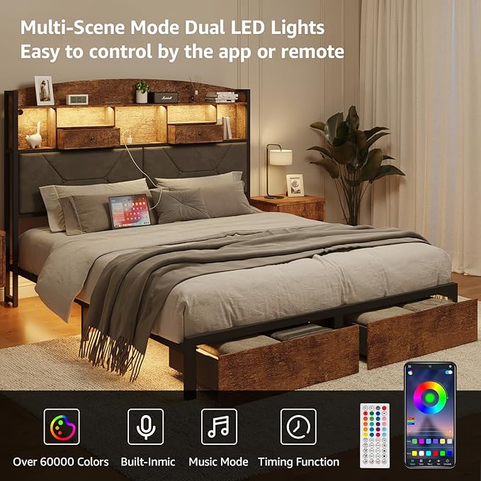 Full Size Bed Frame with 4 Storage, Upholstered Velvet Platform Bed Frames with Button Tufted Headboard Led Lights, Wooden Slats Support, No Box Spring Needed, Rustic Brown