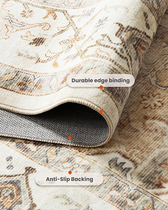 AMADA HOMEFURNISHING 2.7x10 Washable Runner Rug, Low-Profile Kitchen Rugs with Non-Slip Backing & Durable Edge Binding, Vintage Entryway Runner Rug for Bedroom & Hallway, Beige