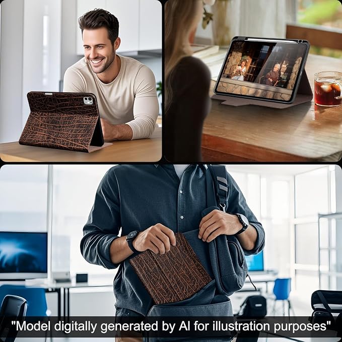 Gexmil Leather Case for iPad Pro 11 Inch M5/M4 2025/2024Crocodile Brown | Genuine Leather CoverPencil HolderMagnetic ClosureSmart Folio Auto Sleep/WakeProtectiveAdjustable Stand
