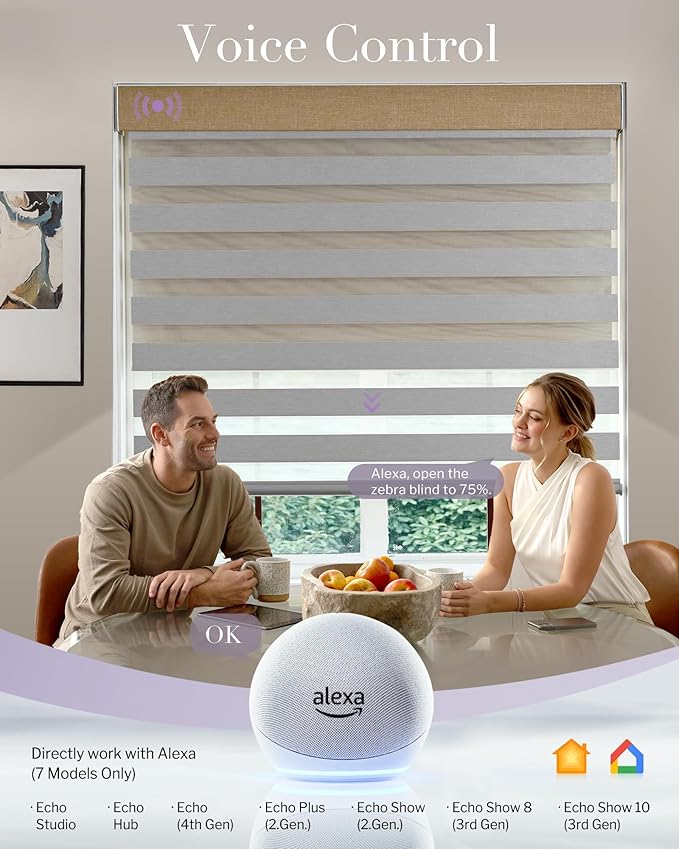 Graywind Smart Dual Shades Compatible with Alexa Google Homepod Motorized Double Zebra Blinds Matter Solar Powered, Custom Size (Custom Fabric)