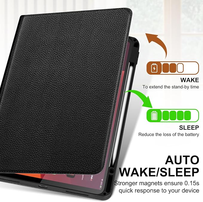 Genuine Leather Case for iPad 11th Gen 11/10th Gen 10.9 Black | Pencil Holder Adjustable Stand Auto Wake/Sleep Shockproof