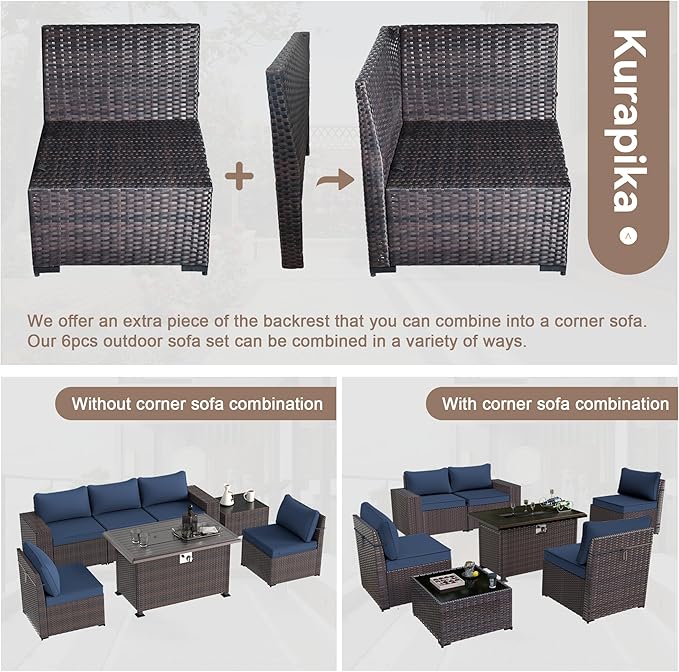Kurapika 10 Pieces Patio Furniture Set, Rattan Wicker Outdoor Conversation Sets w/43in Propane Fire Pit Table, Swivel Rocking Chairs Patio Sectional Sofa w/4 Inch Cushion, Navy Blue