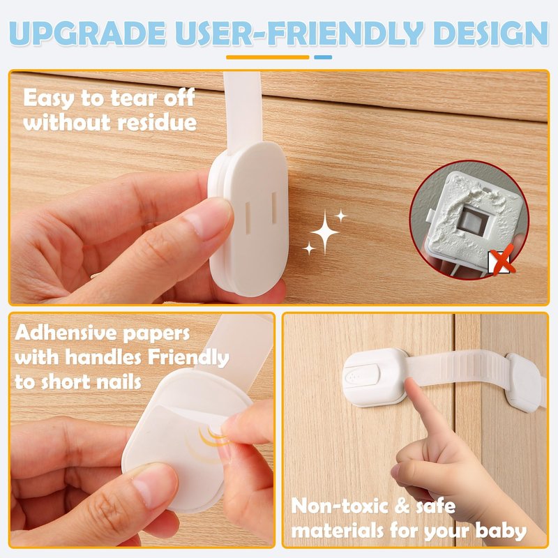 Baby Safety Strap Locks 10 Pack - Cabinet Locks Baby Proofing for Baby Proofing Cabinets & Drawers, Child Proof Cabinet Locks, Fridge Lock & Oven Lock Child Safety, Adjustable No Drill, White