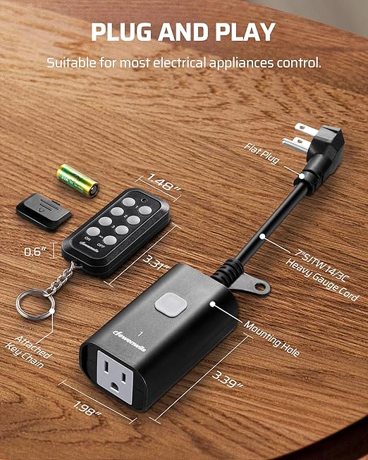 DEWENWILS Outdoor Remote Control Outlet, 15A Wireless Remote Control Switch, 100FT Control Range & 14AWG SJTW Power Cord, Weatherproof for Outdoor Appliances, 1 Remote Control+3 Outlets