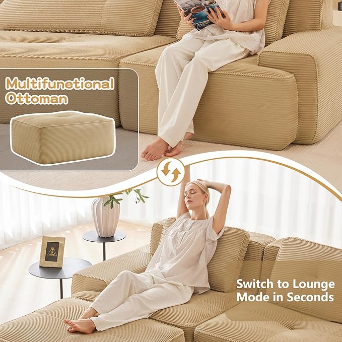 115.3'' Sectional Sofa, 32D Foam Corduroy Boneless Couch with Pillow, Deep Seat Wide Arm Sectional U Shaped Couch for Living Room, Apartment, Bedroom