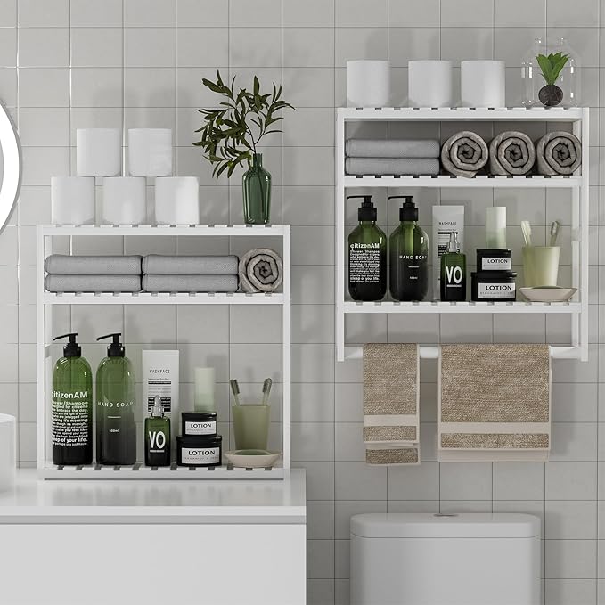 Towel Rack Bathroom Storage Shelves Over The Toilet with Towel Bar 100% Bamboo Adjustable Height Floating Shelf Wall Shower Shelf for Small Space Bathroom Kitchen Multi Usage (White-2Pack)