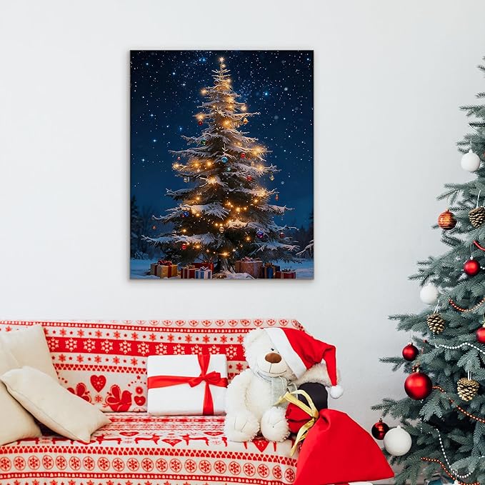 Framed Christmas Pictures Wall Decor,Vintage Pine Tree Prints,Winter Christmas Canvas Wall Art Decoration for Bedroom Bathroom Living Room Rustic Xmas Holiday Gifts (Christmas Tree 13, 11'' X 14'')