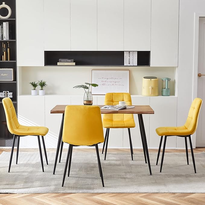 NORDICANA 5-Piece Dining Table Set, 47 in Modern Irregular Rectangle Kitchen Table & 4 Yellow Velvet Upholstery Side Chairs, Metal Legs, Dining Room Set for 4