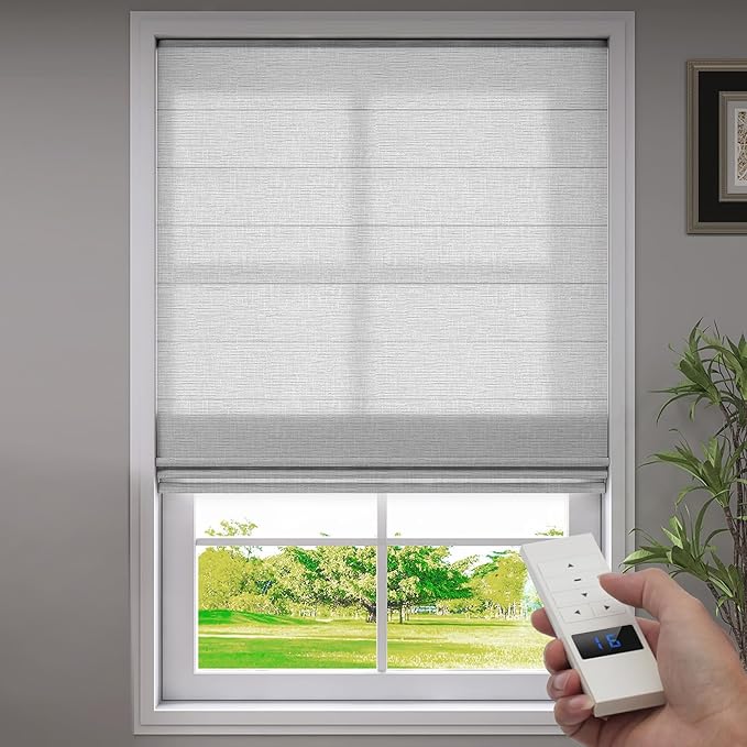 ZSTARR Smart Roman Shades Rechargeable Motorized Blinds with Remote Light Filtering Roman Window Shades Plain Fold Soft for Doors Bedroom, Custom Size (Sheer Gray)