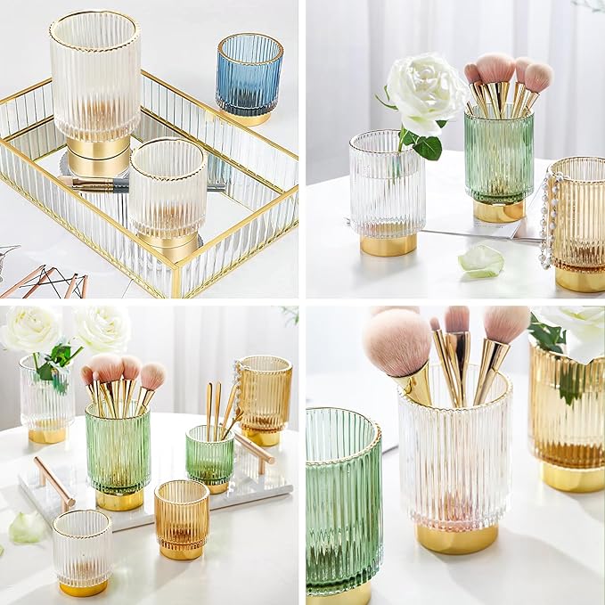DASITON Makeup Brush holder Organizer,Crystal Cosmetic Makeup Brush Glass Brushes Storage Holder, Vintage Make Up Brush Cup Pen Pencil Holder striped vase(Clear S)