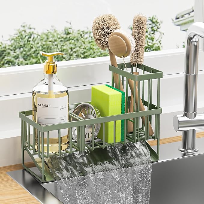 Cisily Kitchen Sink Caddy, Sponge Holder for Kitchen Sink, Kitchen Sink Organzier and Storage with High Brush Holder, 304 Stainless Gadgets Sink Accessories, Organizadores de Cocina Sage Green