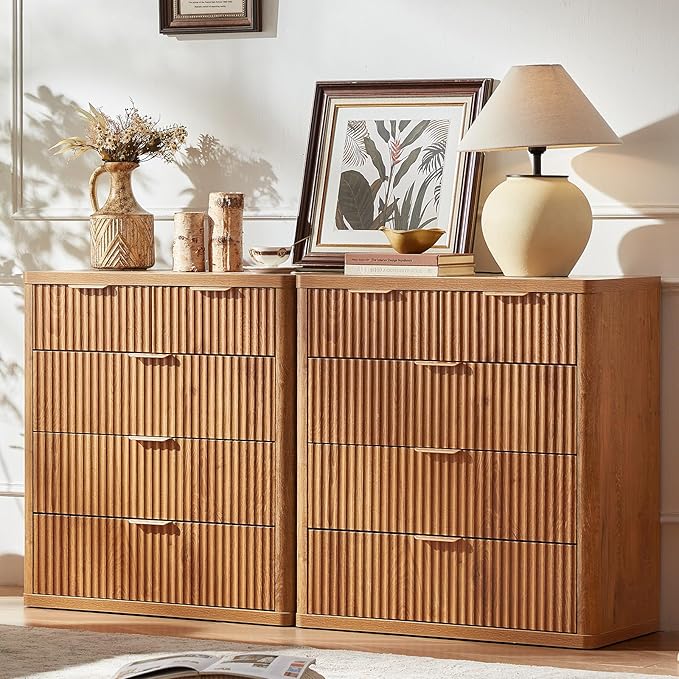 LEYAOYAO Fluted 5 Drawers Dresser for Bedroom Set of 2, 34" Tall Modern Chest of Drawers with Metal Handle, Curved Profile Design,Brown Wood Drawer Organizer for Bedroom, Living Room, Hallway