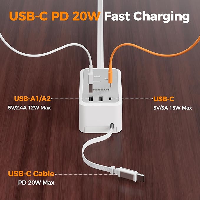 TESSAN Small Flat Plug Power Strip with 1 PD20W Retractable USB C Cable, Ultra Thin Extension Cord with 3 AC Outlets 3 USB Ports, 5 ft Slim Plug for Cruise Ship Travel, Dorm, Home Office