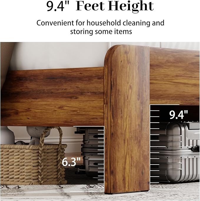 King Size Wooden Bed Frame with Bookcace Storage Headboard, Rustic Farmhouse Bedframe with LED Lights and Charging Station, Sturdy and Stable, Slat Support, No Box Spring Required (Brown, King)