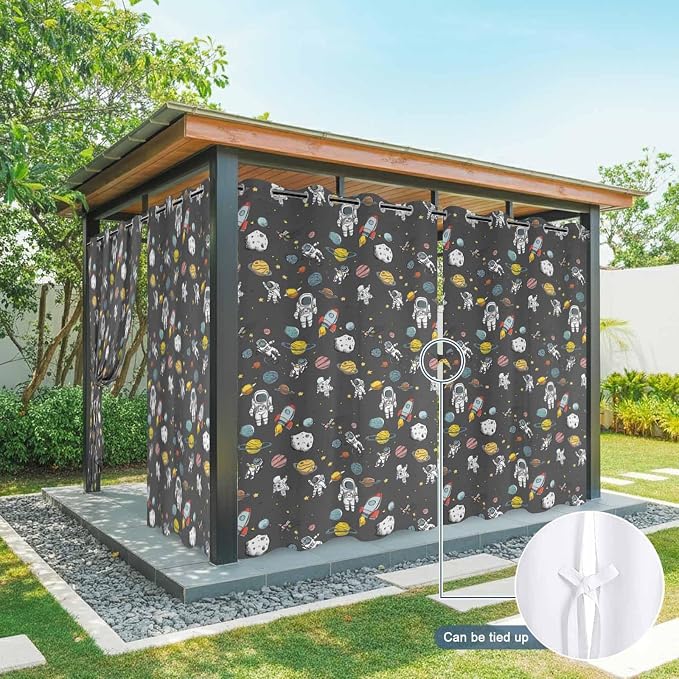 Cartoon Space Outdoor Curtains for Patio Rockets Planets Astronauts Gray