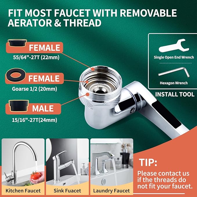 Patented CECEFIN 1080°Swivel Faucet-Extender Sink-Aerator - 2-Mode Splash Water Tap Extension, Kitchen Bathroom 360 Rotate Spray Attachment, Multifunctional Universal Robotic Arm -Wash Hand/Hair/Face