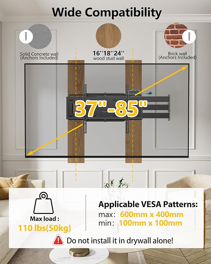 48'' Extension Extra Long Arm TV Wall Mount with Power Strip, Heavy Duty Full Motion TV Wall Mount for 37 to70,75,77,80,85'' Screens, Max VESA 600x400mm, Hold 110 lbs, 16''-24'' Wood Studs