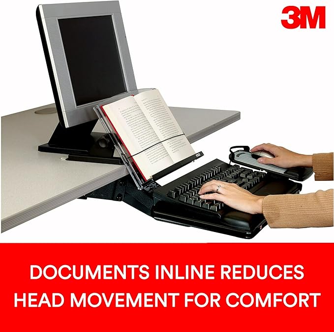 3M Adjustable Document Copy Holder, In-line with Monitor Minimizing Head and Neck Movement, 150 Sheet Capacity Holds Sheets to Books, Elastic Line Guide Keeps Pages Open, 14" Wide, Black (DH630) - Black/Clear