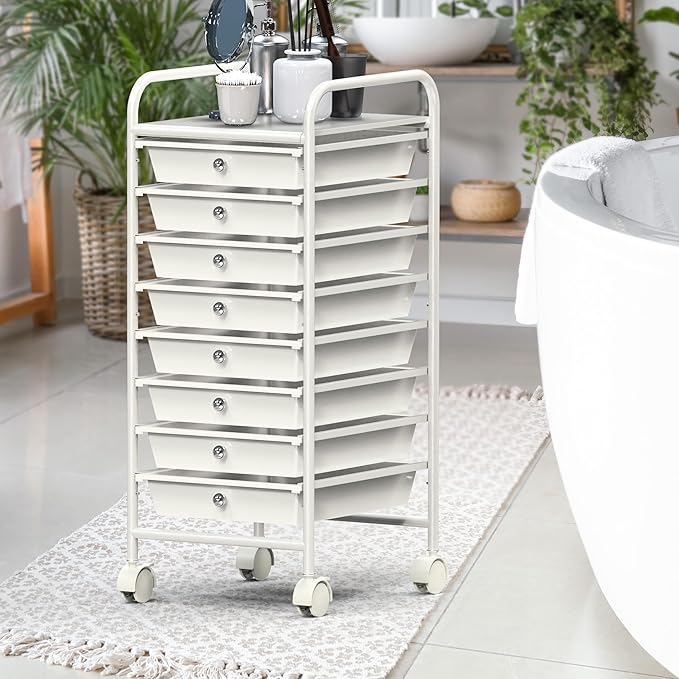 Simple Houseware Utility Cart with 8 Drawers Rolling Storage Art Craft Organizer, White