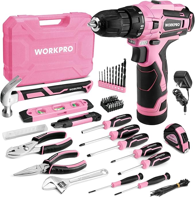 WORKPRO Pink Tool Set with Power Drill, 108PCS Portable Ladies Pink Drill Kit for Home with Toolbox and Pink Hammer, 1.5 Ah Cordless Drills with Keyless Chuck and Variable Speed Trigger - Pink Ribbon