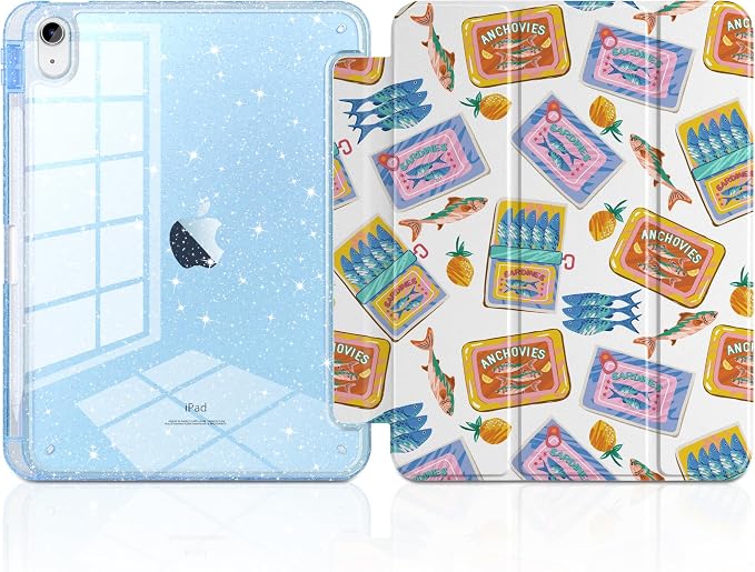 MEEgoodo Case for iPad A16 11th Generation 2025/10th Generation 2022 Glitter Tablet Cases with Transparent Acrylic Back+Trifold Stand +Pencil Holder+Auto Wake/SleepAbstract Sun &amp Palm Tree