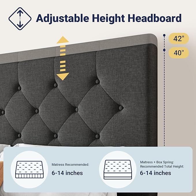 Allewie Upholstered Full Size Platform Bed Frame with 4 Storage Drawers and Headboard, Diamond Stitched Button Tufted, Mattress Foundation with Wooden Slats Support, No Box Spring Needed, Dark Grey