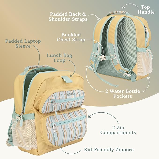 Bentgo Kids Backpack (Whimsy & Wonder Collection) - Lightweight 14’’ for School, Travel & Daycare - Ideal for Kids 4+, Durable & Water-Resistant, Roomy Interior, Loop for Lunch Bag (Wavy)
