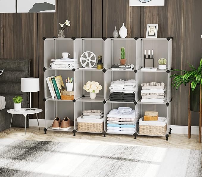AWTATOS Cube Storage Organizer Storage 12 Cube Bookshelf DIY Plastic Closet Storage Shelves with Wooden Mallet, Ideal Storage Solution for Home, Bedroom, Translucent White