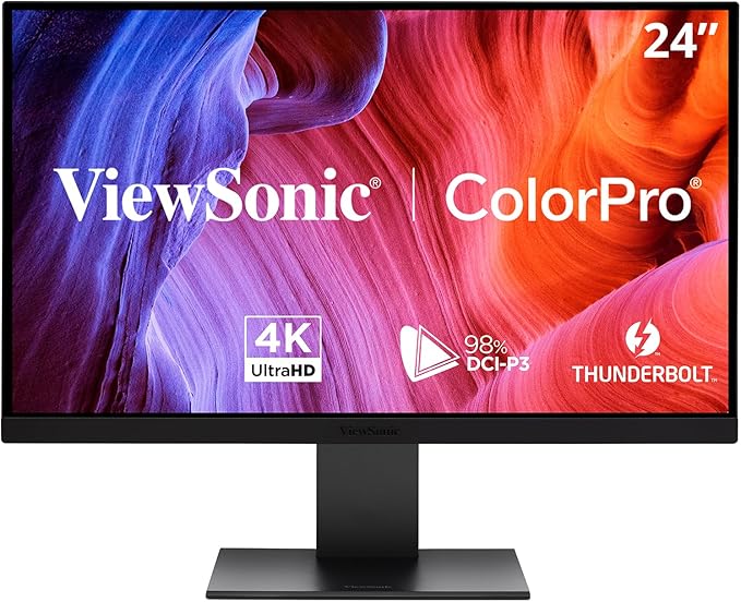 ViewSonic VP2488-4K 24 Inch 4K Mac-Ready Monitor with 100% sRGB, 98% DCI-P3, Pantone Validated, Advanced Ergonomics, Thunderbolt 4, USB Hub, HDMI, and DP for Home and Office