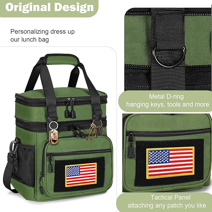 GLENKEY Double Deck Insulated Lunch Box, Expandable Xlarge Lunch Bag Leakproof Cooler Bag Lunch Pail for Men Women Adults Work Shifts Travel Daytrip,22L,Army Green