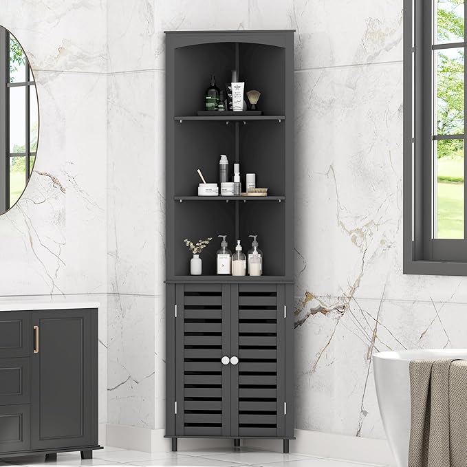 VECELO Tall Corner Cabinet, 68.8'' Storage Cabinet with Doors and Adjustable Shelves, for Living Room, Bathroom, Kitchen, Grey