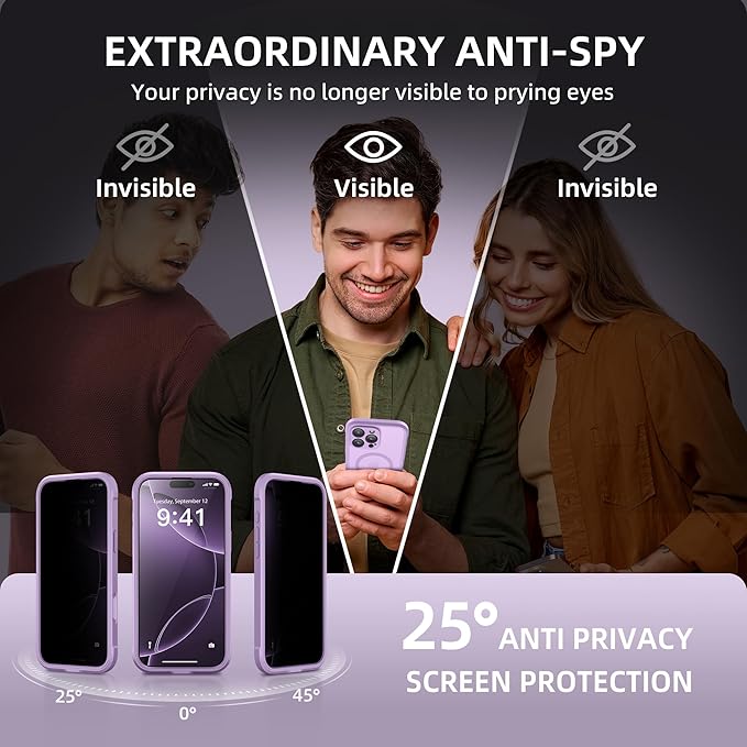 BERFY Magnetic for iPhone 16 Pro Case, Compatible with MagSafe, Built-in Privacy Screen Protector and Upgraded Camera Protection, Anti-Spy Full Body Shockproof Phone Case for 16 Pro 6.3", Light Purple