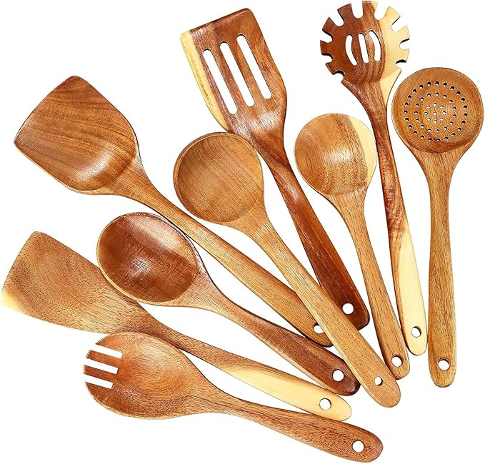 Nicyho Wooden Spoons for Cooking, 9 Pieces Natural Acacia Kitchen Utensils Set, Long Handles Heat Resistant Kitchen Wooden Cookware for Nonstick Pan (9)