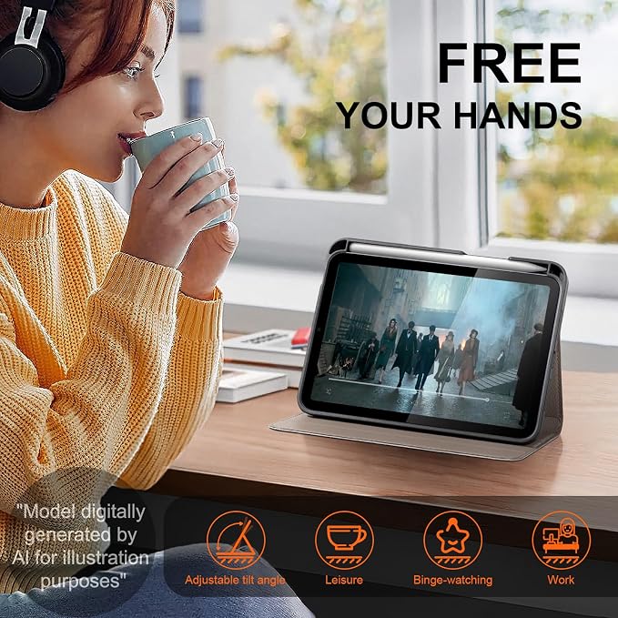 Case for iPad mini 7 (A17 Pro) 2024 iPad mini 6th Gen 2021 Black | Leather Protective Shockproof Smart Cover Adjustable Stand Auto Wake/Sleep Multiple View Angles