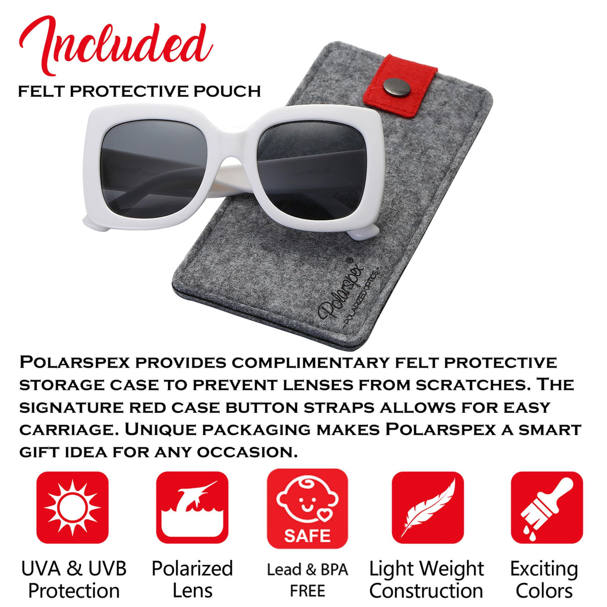 PolarSpex Girls Elastic Square Oversized Kids Polarized Sunglasses - BPA Free
