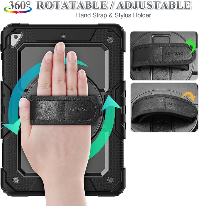 SEYMAC stock Case for iPad 6th / 5th Generation Case/Air 2 / Pro 9.7 inch Heavy Duty Protective with Screen Protector with Pencil Holder Hand Strap Shoulder Strap 360 Rotate Stand Black