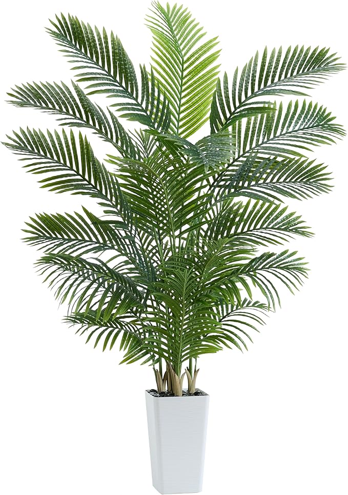 Artificial Palm Tree 6FT - Tall Fake Tree with White Taper Planter & Pebbles, UV Resistant for Indoor & Outdoor, Large Potted Faux Plant, Tropical Areca Floor Plant for Living Room, Office, Home Decor